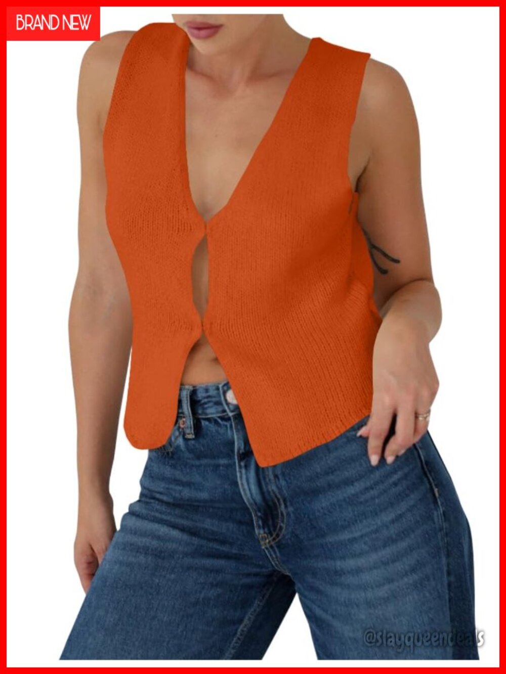 Crochet Knit Sweater Vest Sleeveless V-Neck Button Tank Top Y2K
